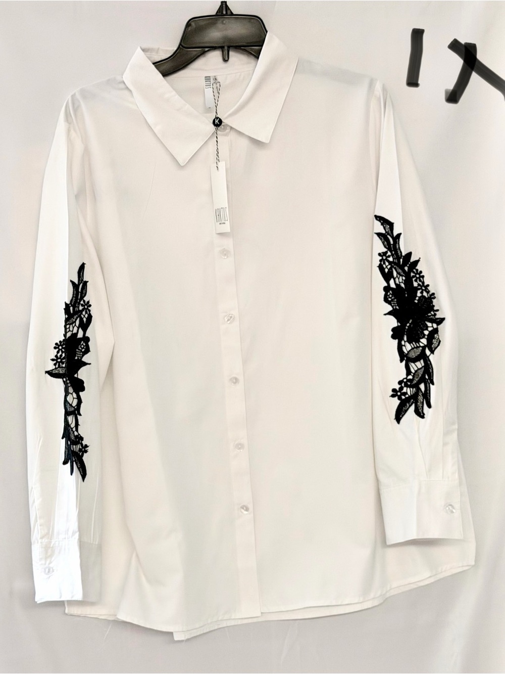 Kaktus White Button-Down Shirt with Black Floral Sleeve Applique